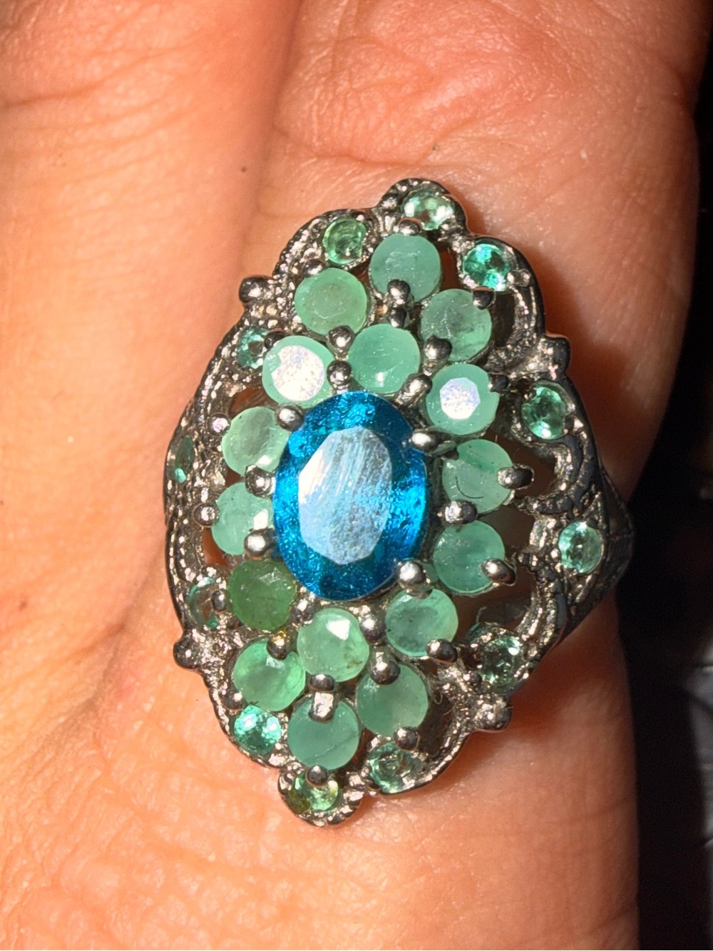 Ethiopian Blue Opal & Emerald vintage 
Ring 925 Silver 14K WG Sz8.5
